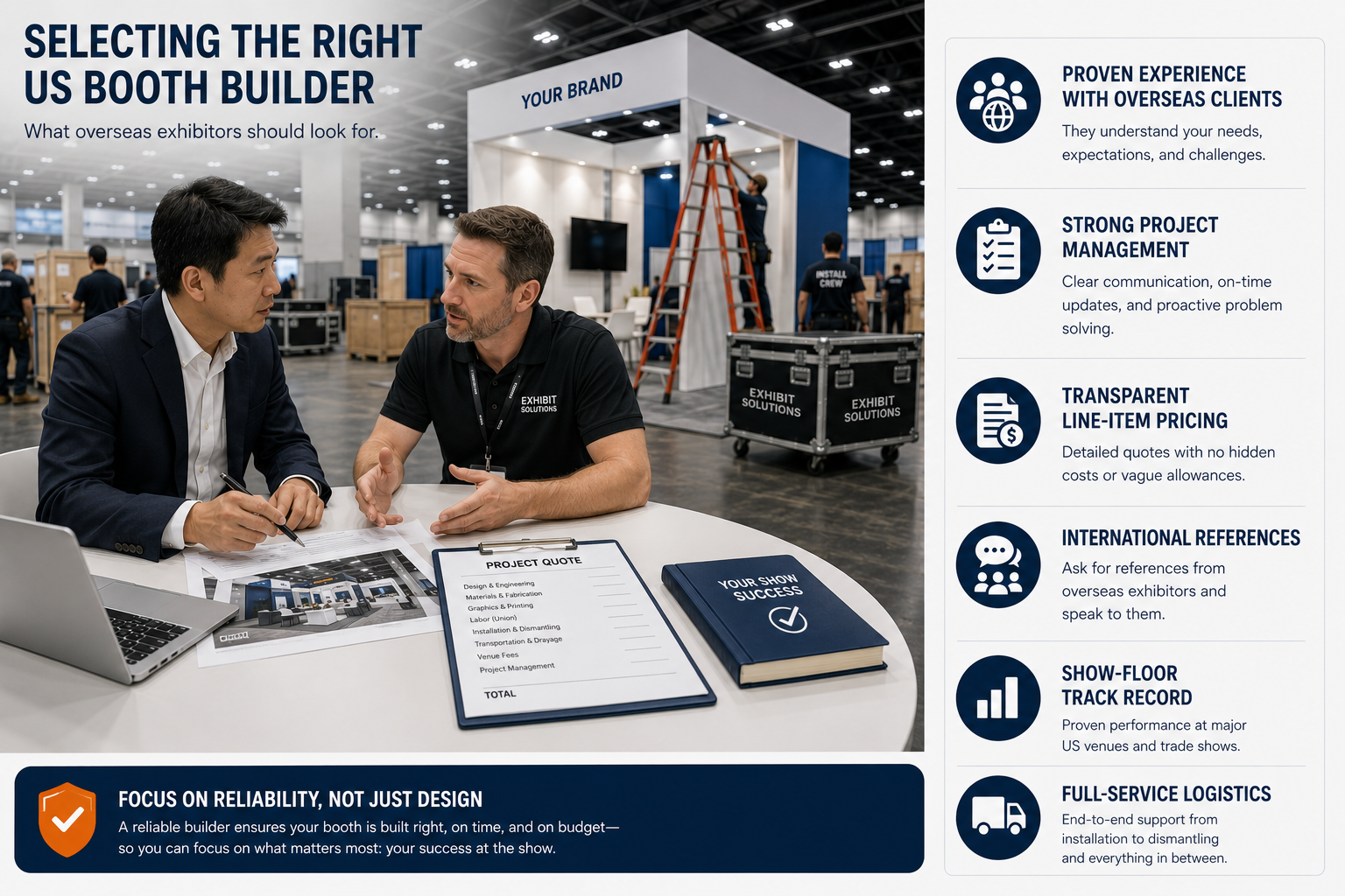 Team evaluating portfolio of US booth builder candidates